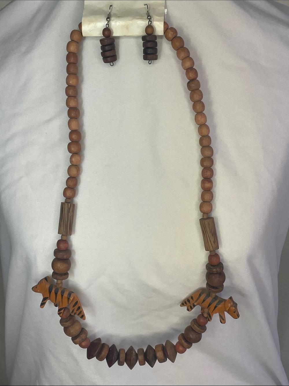 Wooden Tiger Pendant Bead Necklace in Brown - Women Jewelry